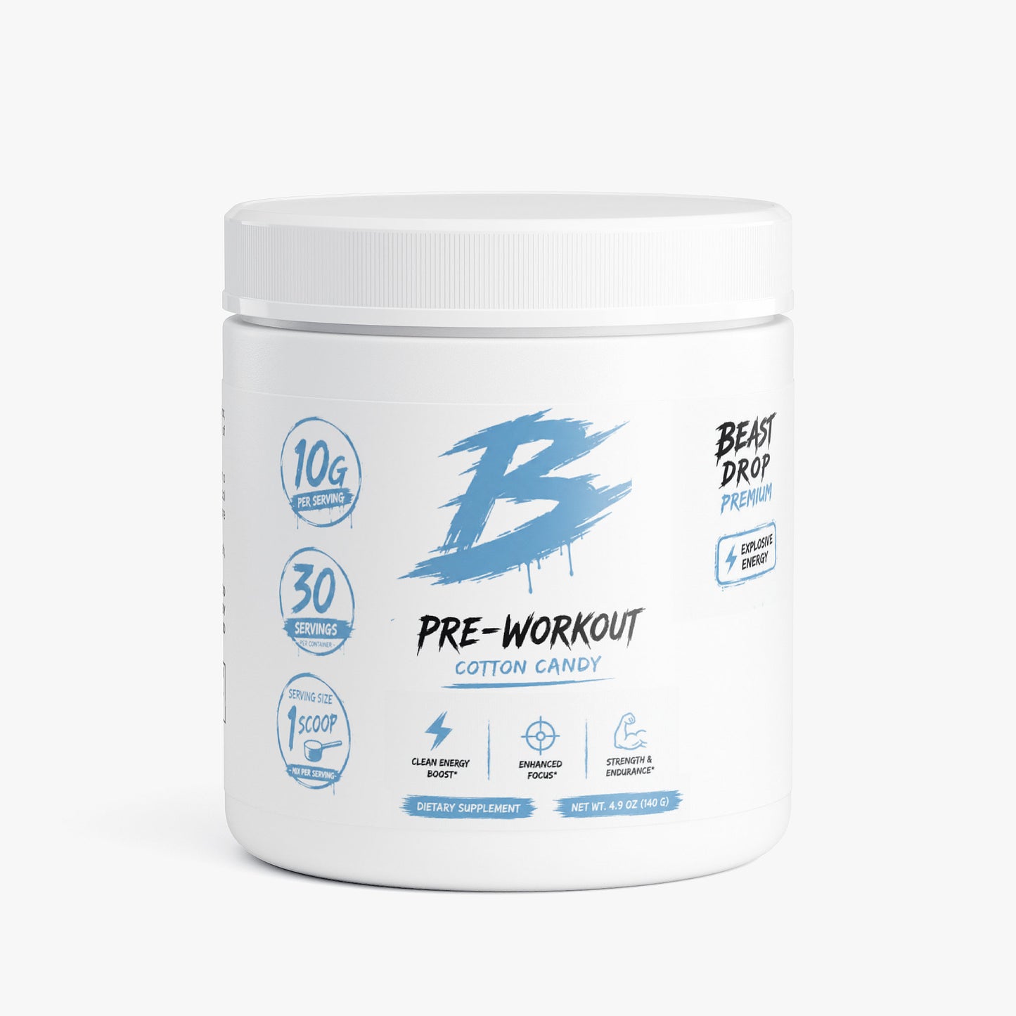 Pre-workout supplement container with 'Beast Drop' branding on a white background